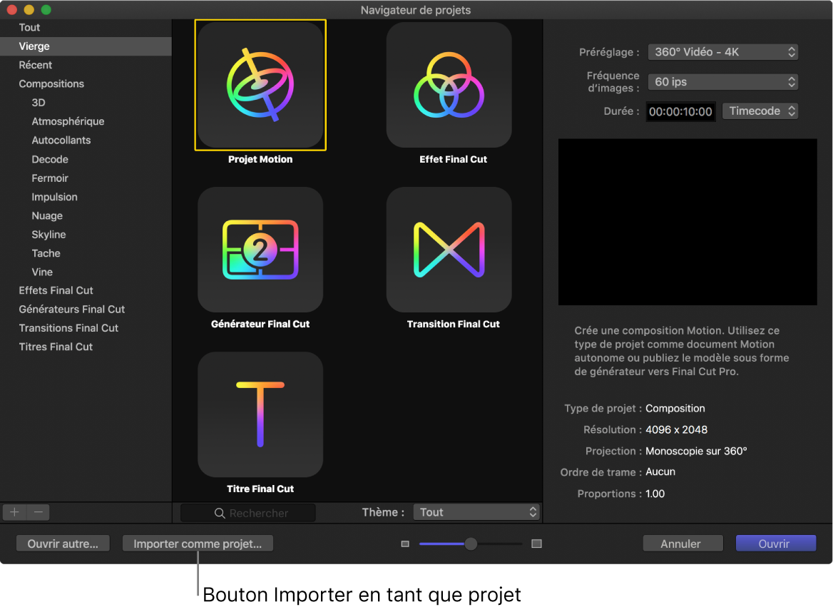 Bouton « Importer en tant que projet » dans le navigateur de projets