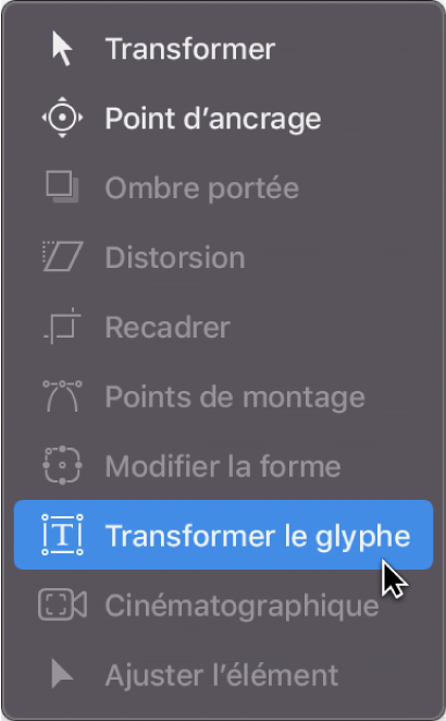 Sélection de l’outil Transformer le glyphe dans le menu local des outils 2D