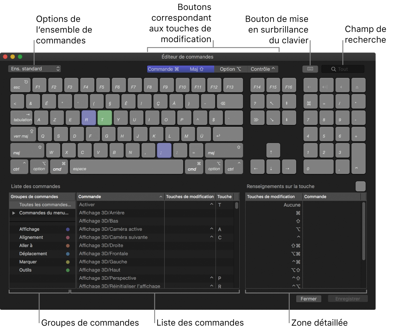 Éditeur de commandes affichant les options d’ensemble de commandes, les boutons de touche de modification, le bouton de mise en surbrillance du clavier, le champ de recherche, les groupes de commandes, la liste des commandes et la zone « Renseignements sur la touche »