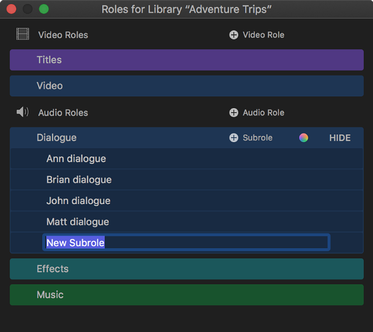 A newly created subrole shown in the role editor