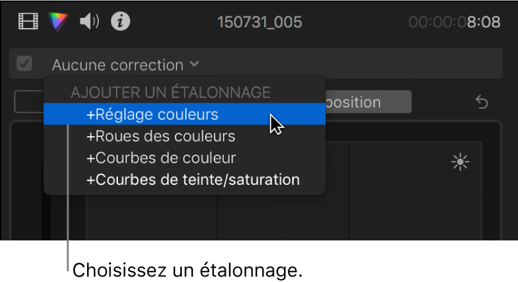 Réglage colorimétrique choisi dans la section Ajouter une correction du menu local situé en haut de l’inspecteur de couleur