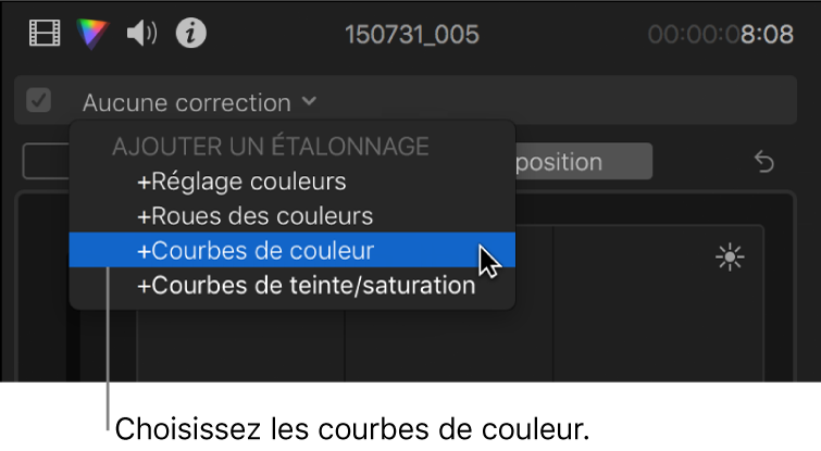 Courbes de couleur choisies dans la section Ajouter une correction du menu local situé en haut de l’inspecteur de couleur