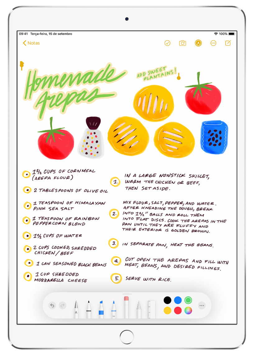 Um desenho e uma receita manuscrita em uma nota no app Notas. O título da receita na parte superior da tela está selecionado. Na parte inferior da tela, a barra de ferramentas mostra as cores escolhidas para modificar o manuscrito selecionado.