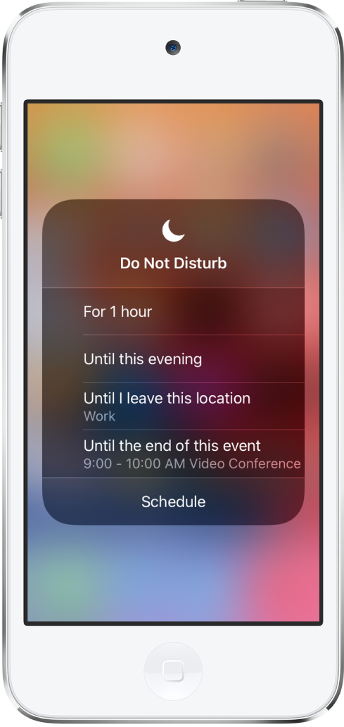 شاشة اختيار مدة ترك ميزة عدم الإزعاج قيد التشغيل —الخيارات هي "لساعة واحدة" و"حتى هذا المساء" و"حتى أغادر هذا الموقع" و"حتى نهاية هذا الحدث".