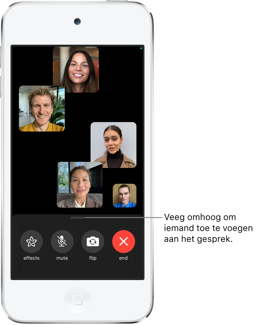 Een FaceTime-groepsgesprek met vijf deelnemers, waaronder de initiator. Elke deelnemer verschijnt in een aparte tegel. Onder in het scherm staan de regelaars voor effecten, geluid uit, andere camera en het stoppen van het gesprek.