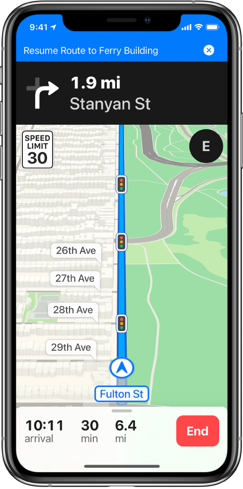 A map of driving directions with a blue banner at the top of the screen for resuming a route to Ferry Building.