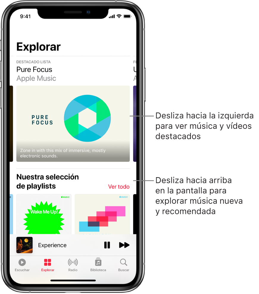 La pantalla Explorar muestra la música destacada en la parte superior. Puedes deslizar hacia la izquierda para ver más música y vídeos destacados. Debajo aparece la sección “Nuestra selección de playlists”, que muestra dos emisoras de Apple Music. El botón “Ver todo” se muestra a la derecha de “Escucha esto”. Puedes deslizar hacia arriba en la pantalla para explorar música nueva y recomendada.