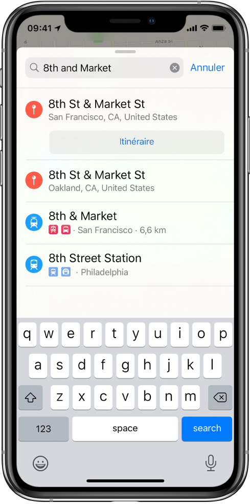 La fiche de recherche affichant une recherche vocale pour « 8th et Market » avec plusieurs résultats.