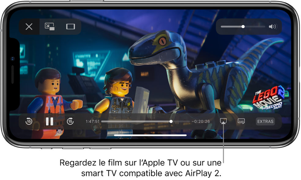 Un film en cours de lecture sur l’écran de l’iPhone. En bas de l’écran se trouvent les commandes de lecture, notamment le bouton « Recopie de l’écran » en bas à droite.