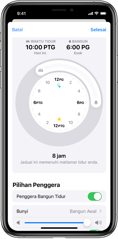 Skrin menunjukkan waktu tidur disetkan untuk 10:00 malam hari ini dan bangun disetkan untuk 6:00 pagi esok. Penggera bangun diaktifkan dan bunyi penggera ialah Bangun Awal.