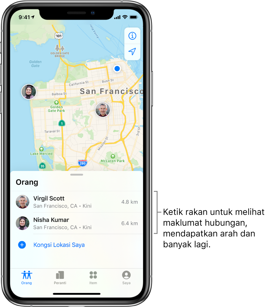 Skrin Cari terbuka kepada tab Orang. Terdapat dua rakan dalam senarai Orang: Virgil Scott dan Nisha Kumar. Lokasinya ditunjukkan pada peta San Francisco.