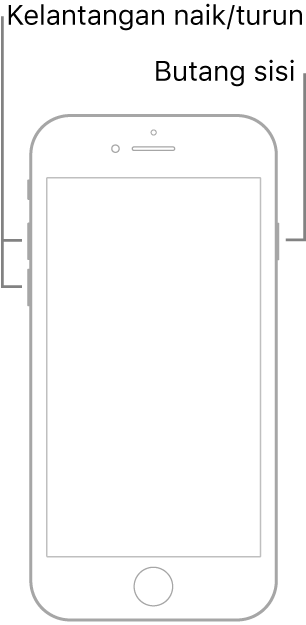 Ilustrasi model iPhone menghadap atas dengan butang Utama. Butang naikkan kelantangan dan turunkan kelantangan ditunjukkan di sebelah kiri peranti serta butang sisi ditunjukkan di sebelah kanan.
