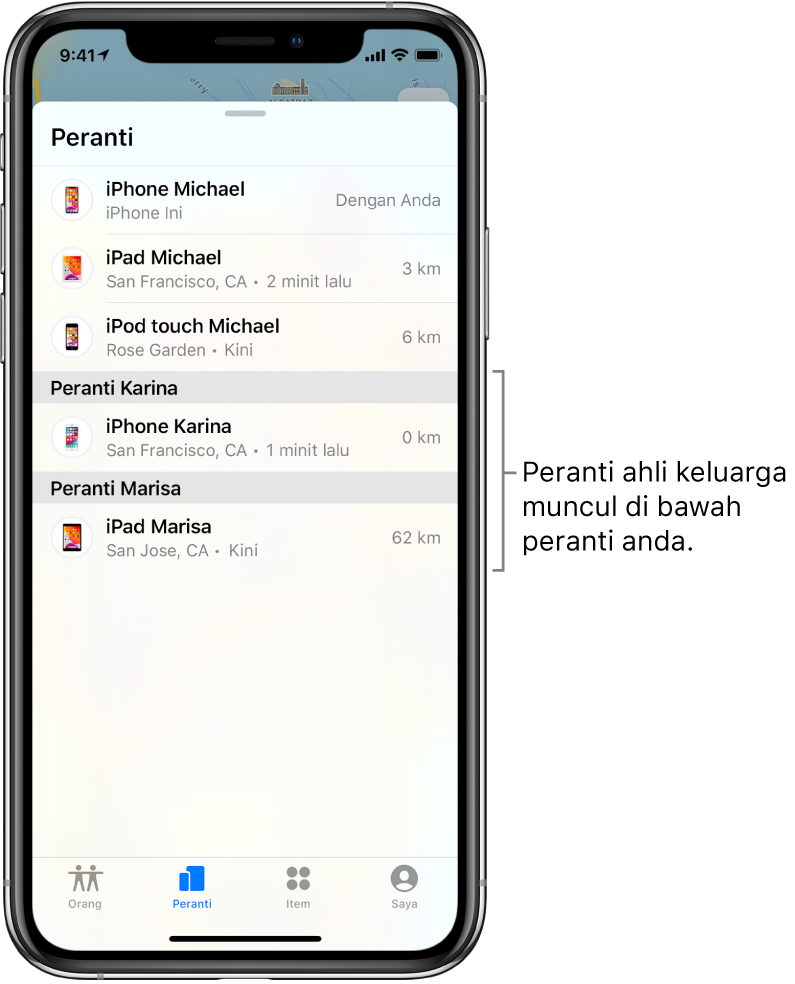 Tab Peranti dalam Cari. Peranti Michael di bahagian atas senarai. Di bawah ialah iPhone Karina dan iPad Marisa.