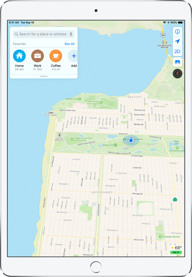 A map showing the current location inside a city park.