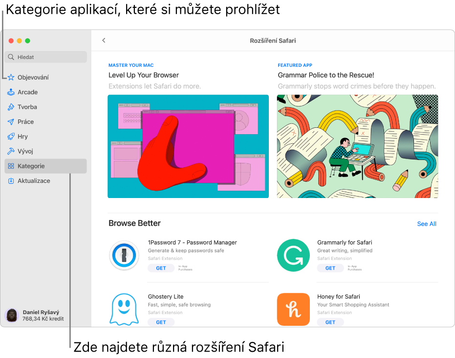 Stránka Mac App Storu pro rozšíření Safari Boční panel nalevo obsahuje odkazy na další stránky: Objevování, Arcade, Tvorba, Práce, Hry, Vývoj, Kategorie a Aktualizace. Napravo jsou zobrazena dostupná rozšíření Safari.