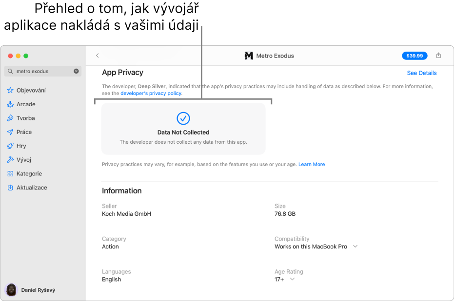 Část hlavní stránky Mac App Storu se zásadami ochrany soukromí, které nastavil vývojář vybrané aplikace: Data používaná k vašemu sledování, Data spojená s vaší identitou a Data nespojená s vaší identitou.