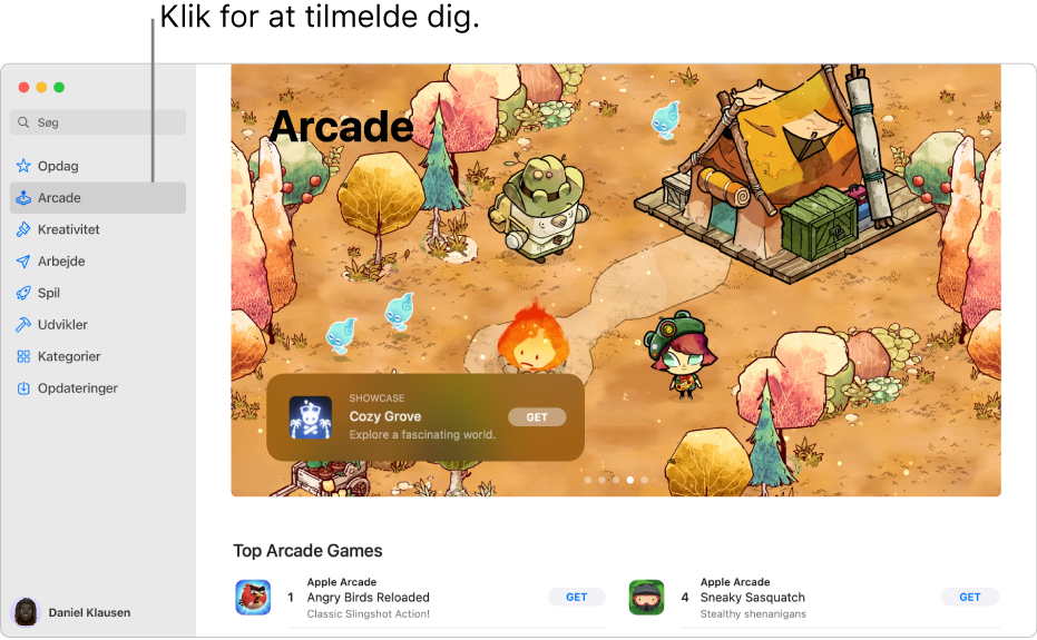 Hovedsiden for Apple Arcade. Et populært spil vises i vinduet til højre, og andre tilgængelige spil vises derunder.