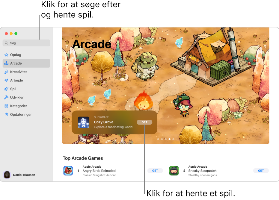 Hovedsiden for Apple Arcade. Et populært spil vises i vinduet til højre, og andre tilgængelige spil vises derunder.