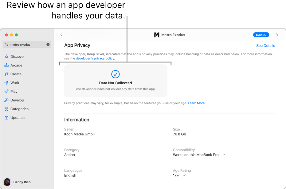 A portion of the main Mac App Store page, showing the privacy policy of the selected app’s developer: Data Used to Track You, Data Linked to You and Data Not Linked to You.