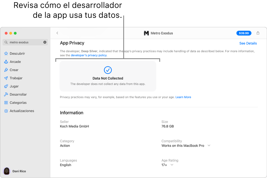 Una parte de la página principal de Mac App Store, en la que se muestra la política de privacidad del desarrollador de la app seleccionada: Datos utilizados para realizar un seguimiento de tu actividad, datos vinculados contigo y datos no vinculados contigo.