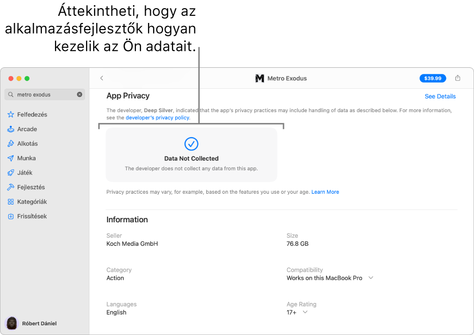 A Mac App Store főoldalának egy része, ahol a kiválasztott alkalmazás fejlesztőjének adatvédelmi nyilatkozata látható: Az Ön követésére használt adatok, az Önhöz társított adatok, éz az Önhöz nem társított adatok.