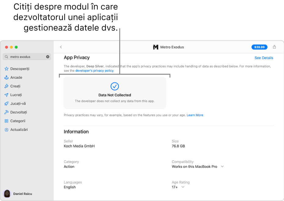 O porțiune a paginii principale Mac App Store, afișând politica de confidențialitate a dezvoltatorului aplicației selectate: Date utilizate pentru a vă urmări, Date asociate cu dvs. și Date neasociate cu dvs.