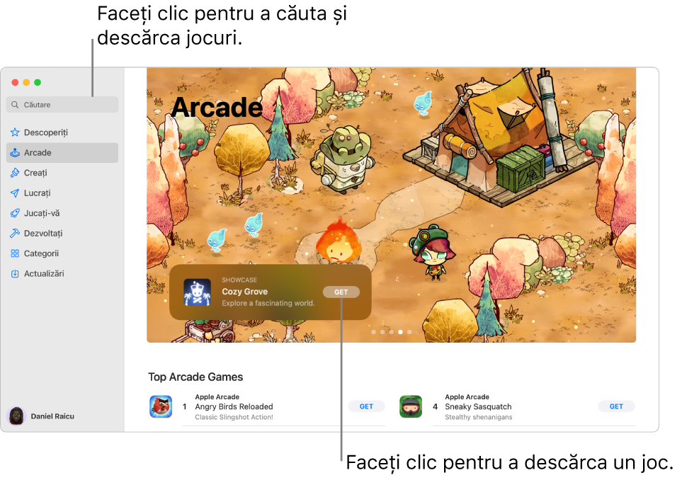 Pagina principală Apple Arcade. Un joc popular este afișat în panoul din dreapta, cu alte jocuri disponibile afișate mai jos.