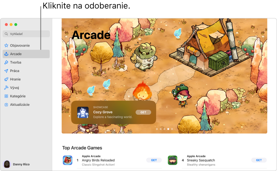 Hlavná stránka služby Apple Arcade. Populárna hra sa zobrazuje na paneli na pravej strane a ostatné dostupné hry sa zobrazujú nižšie.