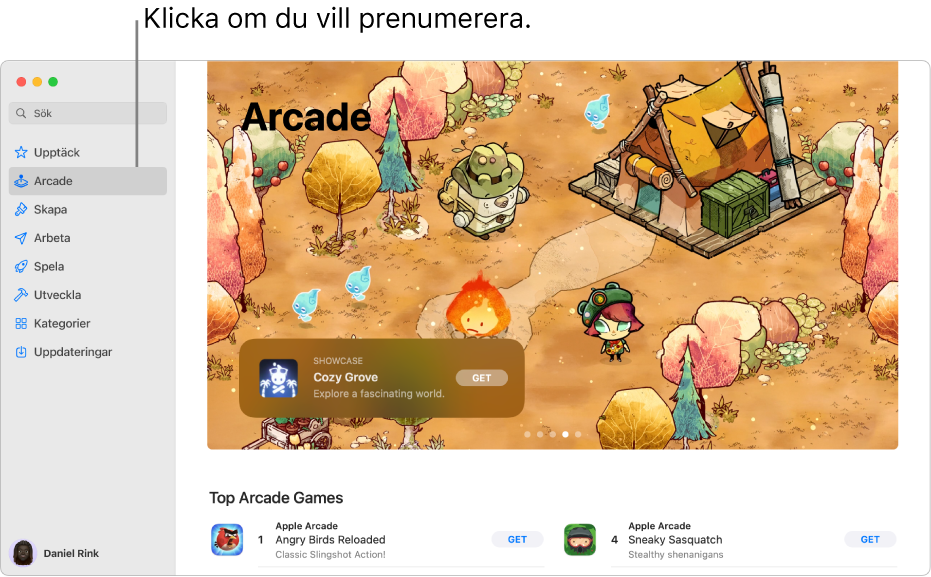 Huvudsidan för Apple Arcade. Ett populärt spel visas på panelen till höger och andra tillgängliga spel visas nedanför.