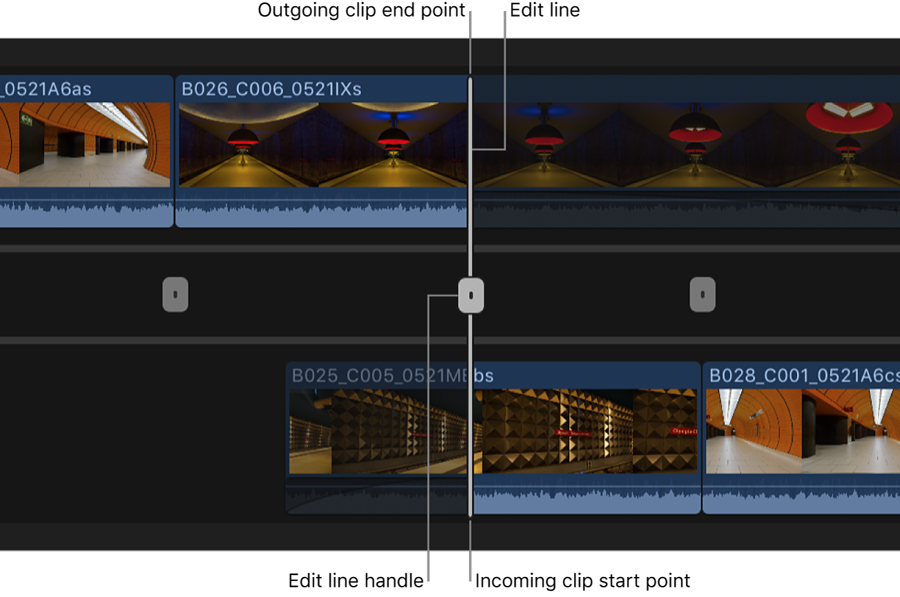 The precision editor open in the timeline, showing a handle for adjusting an edit point