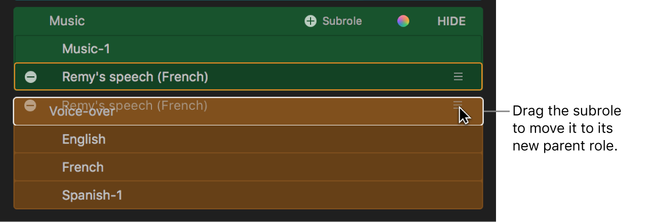 The role editor showing a subrole being dragged from one role to another