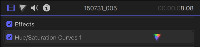 Efecto “Curvas de matiz/saturación” de la sección Efectos del inspector de vídeo