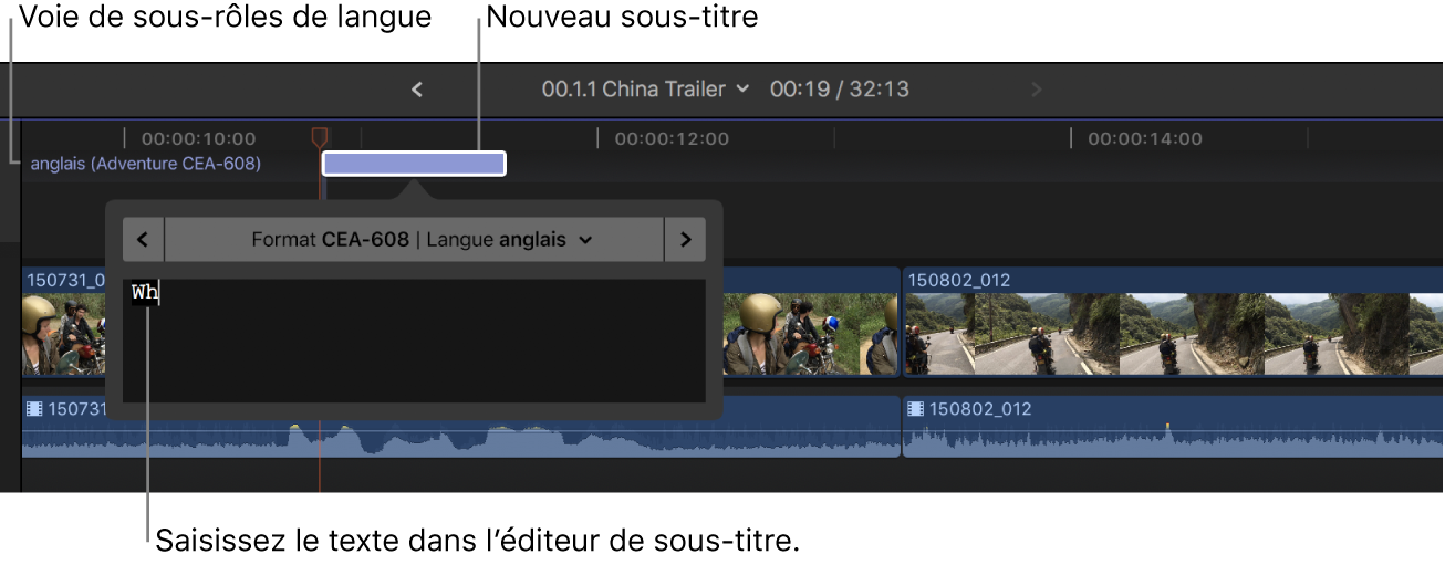 Texte en cours de saisie dans l’éditeur de sous-titre dans la timeline