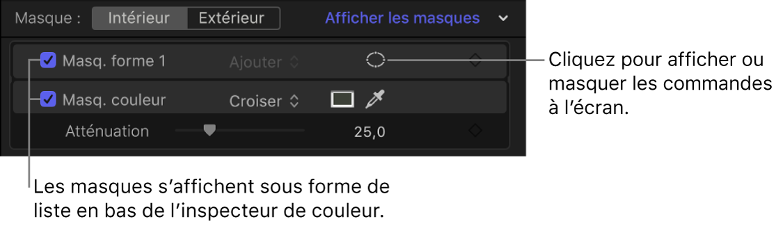 Liste des masques dans l’inspecteur vidéo couleur affichant un étalonnage avec un masque de forme et un masque de couleur