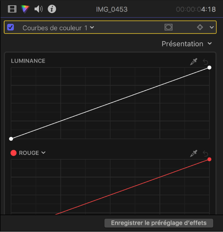 Courbes de couleur dans l’inspecteur de couleur