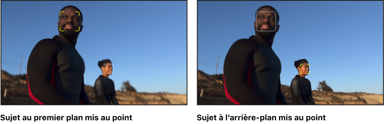 Deux versions d’une image tirée d’un plan vidéo en mode Cinématique, avec les commandes à l’écran montrant un changement de mise au point