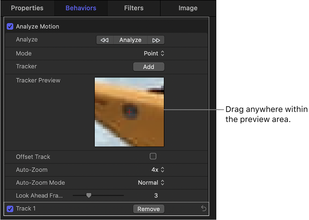 Behaviors Inspector showing point Tracker Preview control