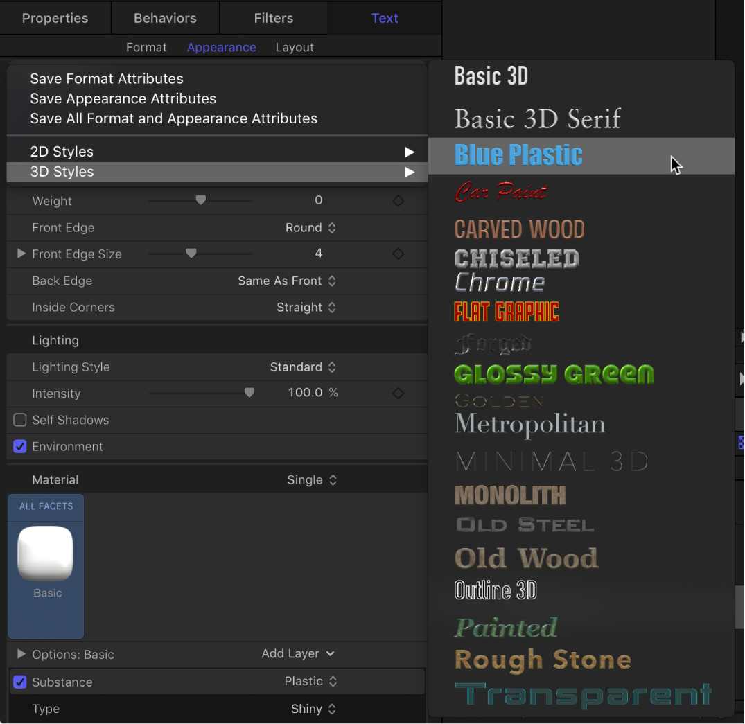 Inspector showing 3D Styles pop-up menu