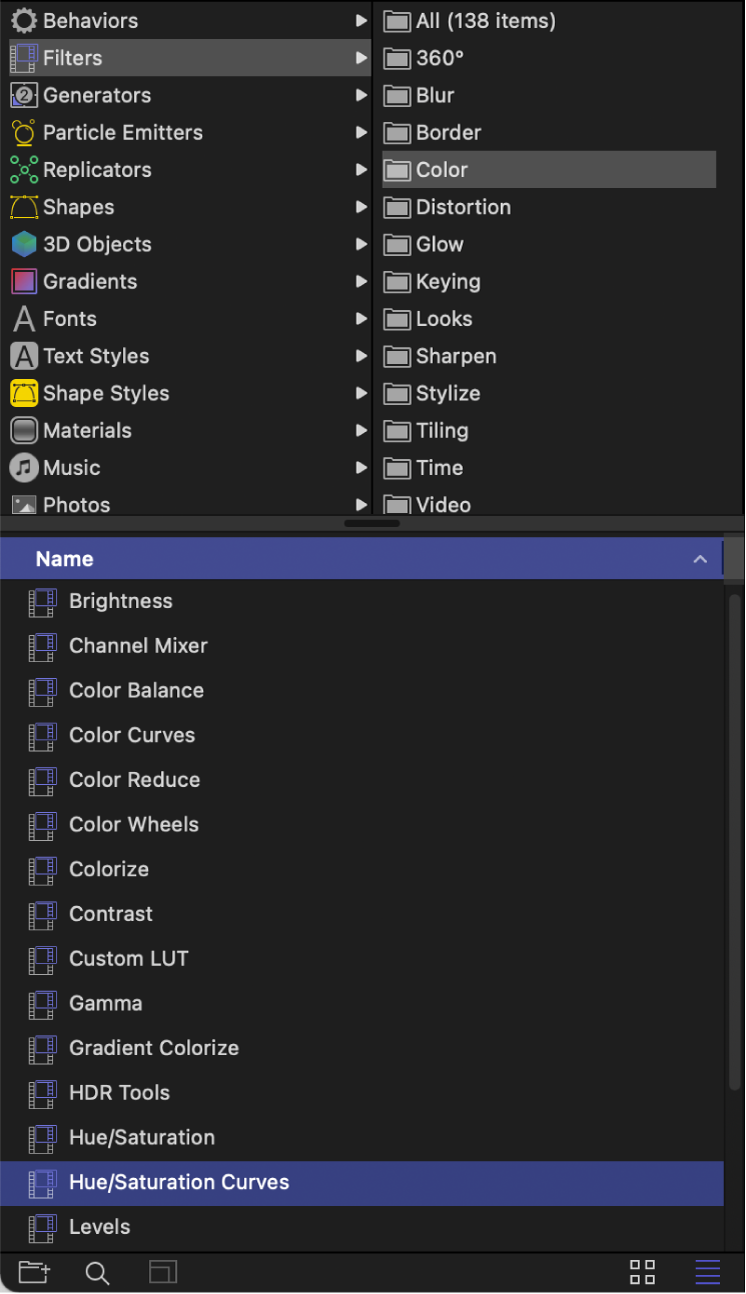 Library showing Color filters category selected