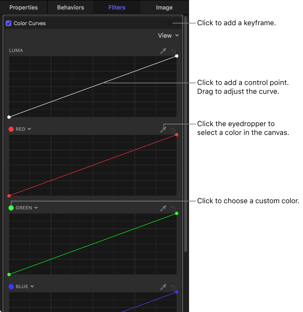 Controles de “Curvas de color” en el inspector de filtros