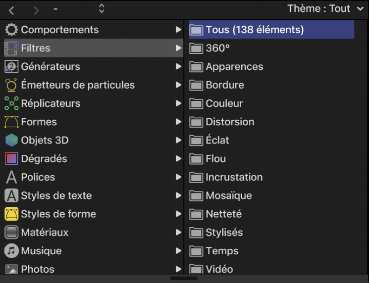 Catégories de filtres dans la bibliothèque