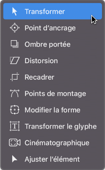 Menu local des outils de transformation