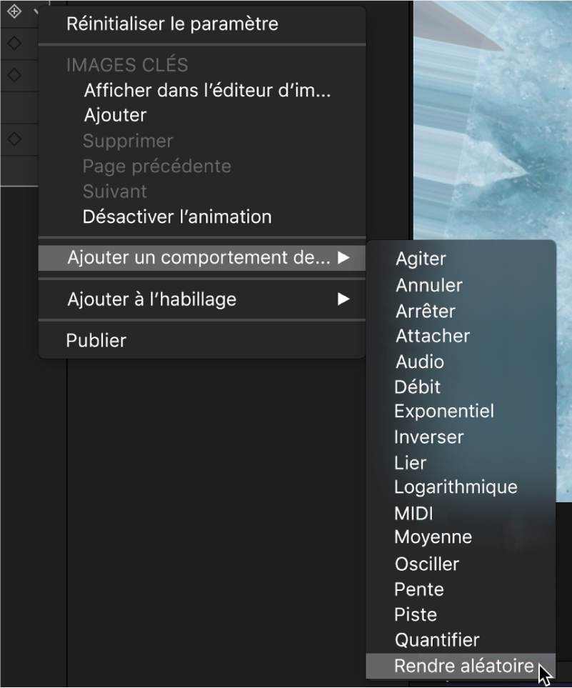 Menu contextuel Comportement pour un paramètre de filtre