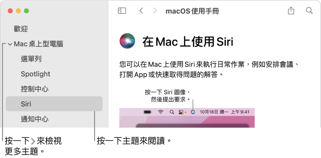 「輔助說明檢視程式」顯示如何檢視側邊欄列出的主題以及如何顯示主題的內容。
