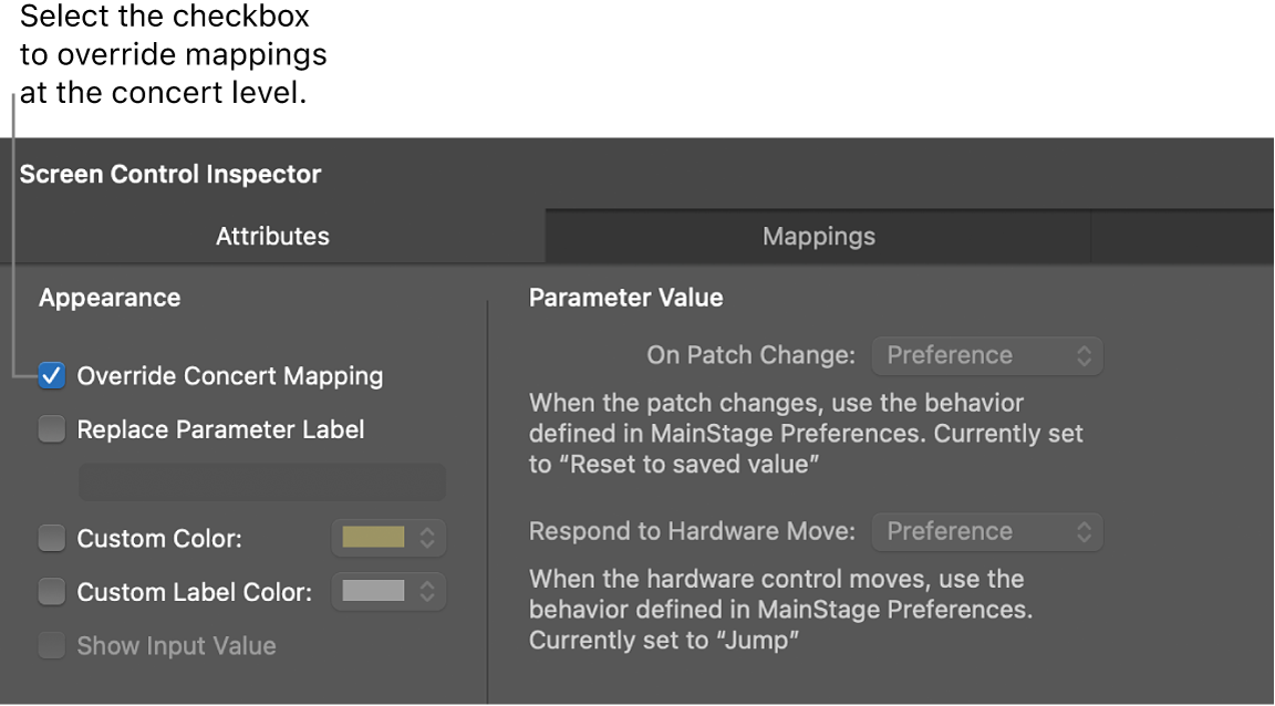 Figure. Selecting the Override Concert Mapping checkbox.