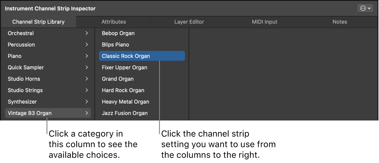 Figure. Channel Strip Library with channel strip setting selected.