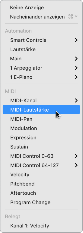 Abbildung. Im Einblendmenü „Automation/MIDI-Parameter“ ausgewählte MIDI-Daten