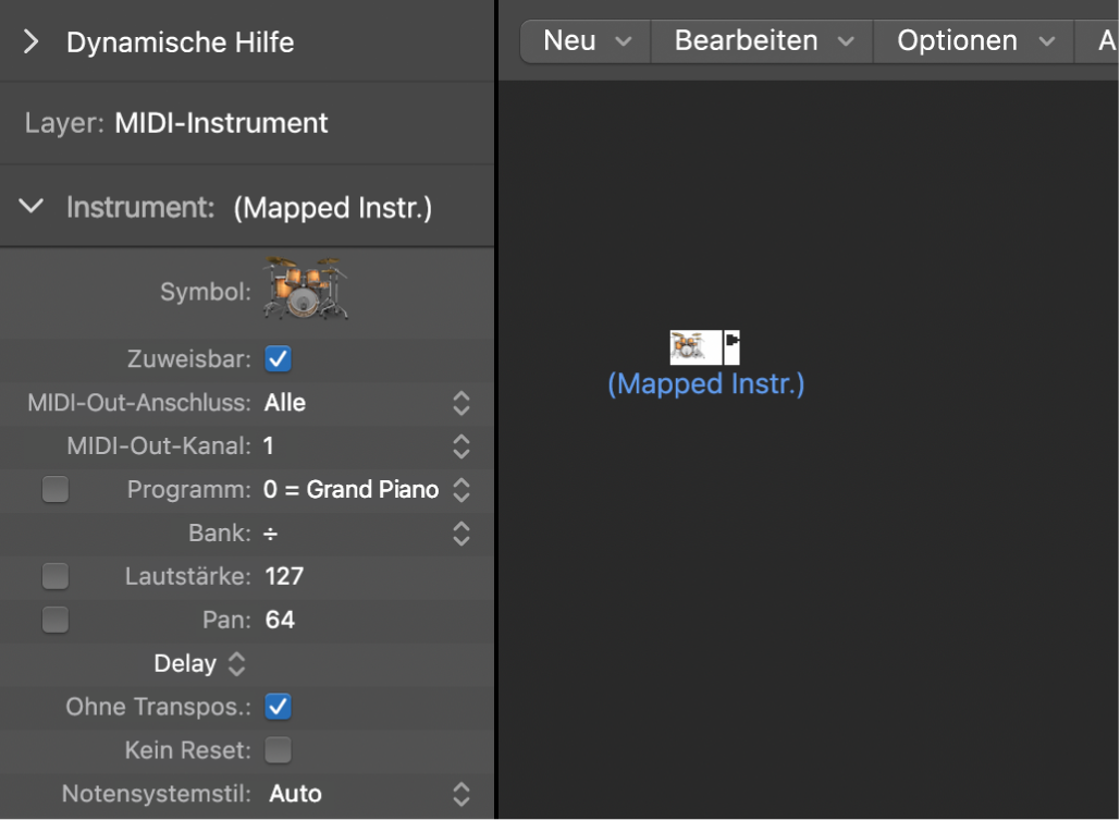 Abbildung. Environment-Fenster mit Anzeige eines Mapped Instrument-Objekts und des zugehörigen Informationsfensters