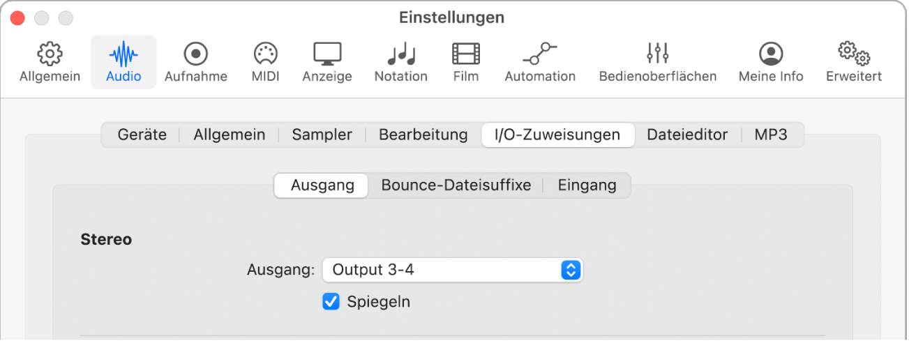 Abbildung. Bereich „Ausgang“ im Bereich „I/O-Zuweisungen“ der Audioeinstellungen