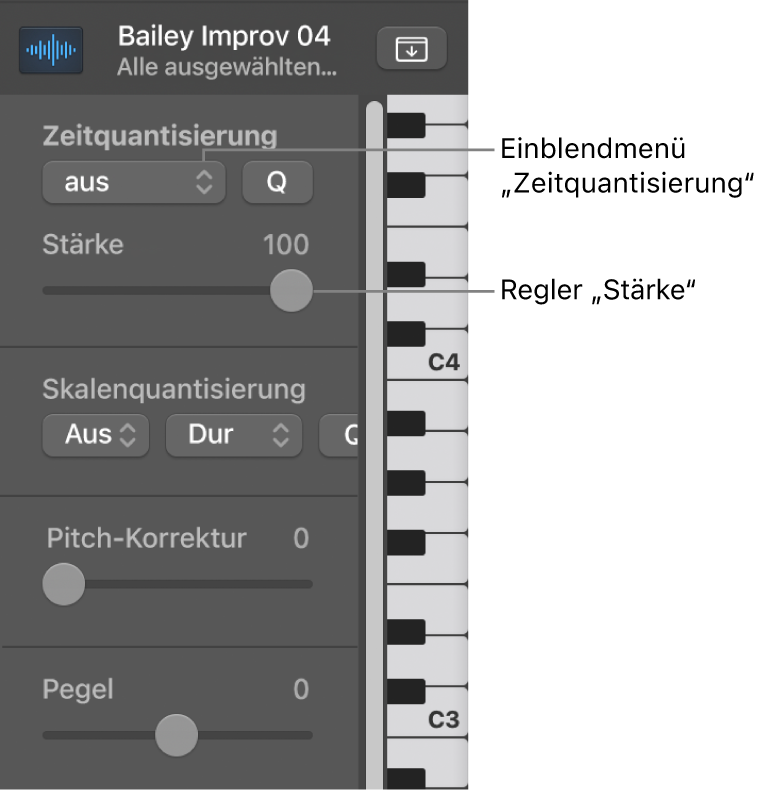 Abbildung. Einblendmenü „Zeitquantisierung“ und Schieberegler „Stärke“